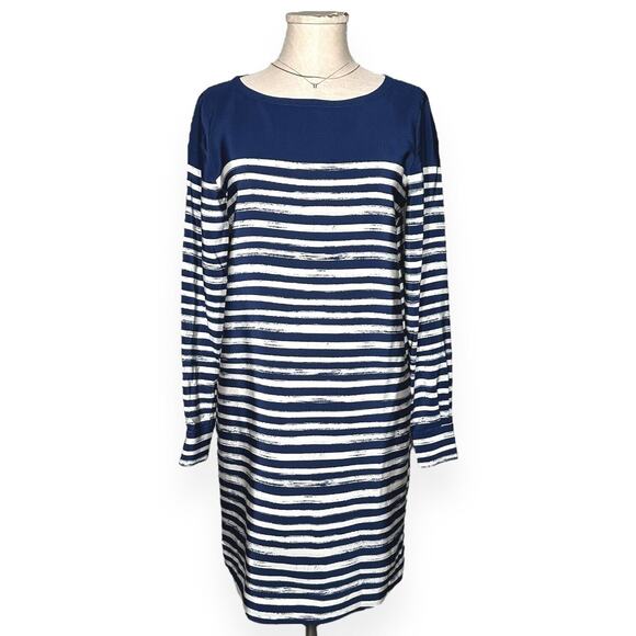 VINCE 100%Silk Shift Dress Marker Stripe Long Sleeve Career Business Casual Blue - Picture 2 of 12